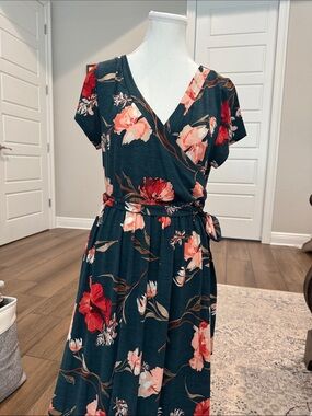 Pinkblush emerald Teal Floral Wrap Midi Dress with Pink & Red Blooms